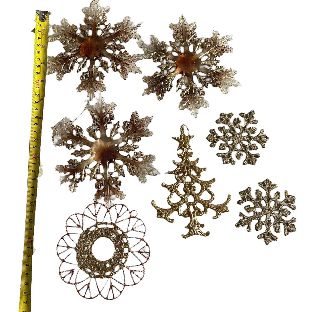 Vintage Gold Glitter Snowflakes Ornaments Lot of 7 Christmas Tree Decorations